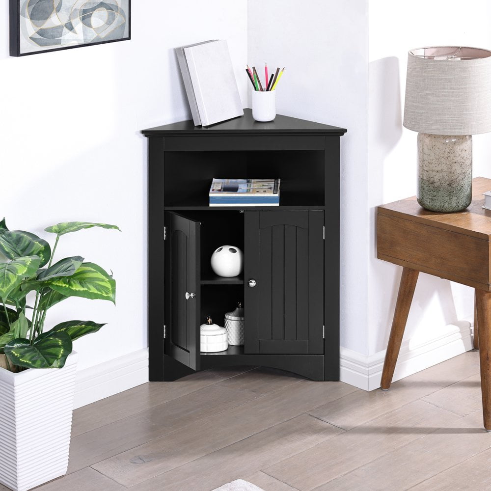 Hassch Corner Cabinet with 2 Doors and 3 Tier Shelves, Free Standing Corner Storage Cabinet for Bathroom, Kitchen, Living Room or Bedroom, Espresso