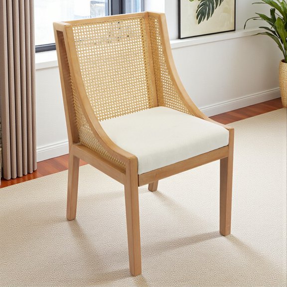 Hassch Dining Chair with Solid Wood Frame, Rattan Backrest and Comfortable Linen Upholstered Seat, 23.8"D x 21.9"W x 37.4"H, Beige