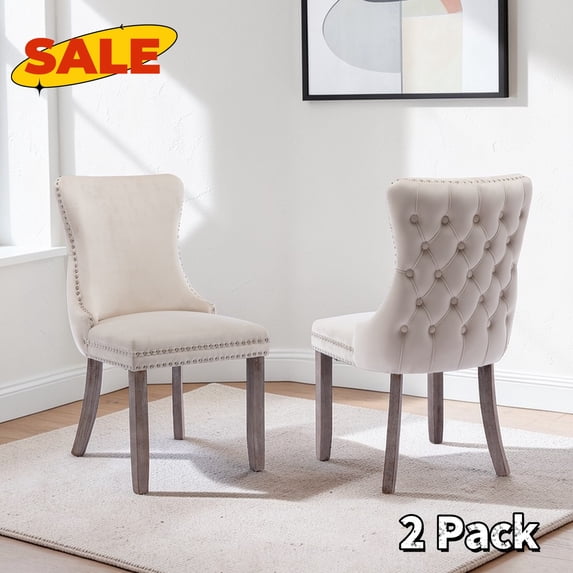 Hassch Dining Chairs Set of 2, Upholstered Kitchen Chair with Wing Back and Wood Legs, Easy Assembly, Beige