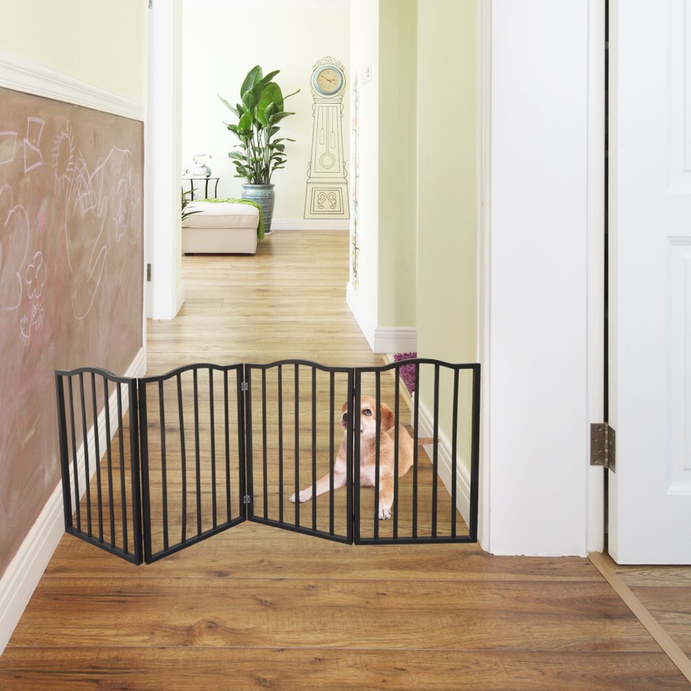 Hassch Dog Gate Foldable Dog Fence Freestanding 4 Panel Pet Gates Freestanding Folding Dog Gates House Pet Gate for Dogs Gate for Indoors,Extra Wide Dog Gate 32in Height Brown