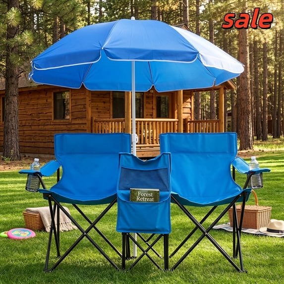 Hassch Double Camping Chair with Adjustable Umbrella, Up to 529lb Capacity, Folding Beach Chair with Cooler Bag, Cup Holders, Side Pocket for Picnic, Patio, Poolside, Blue
