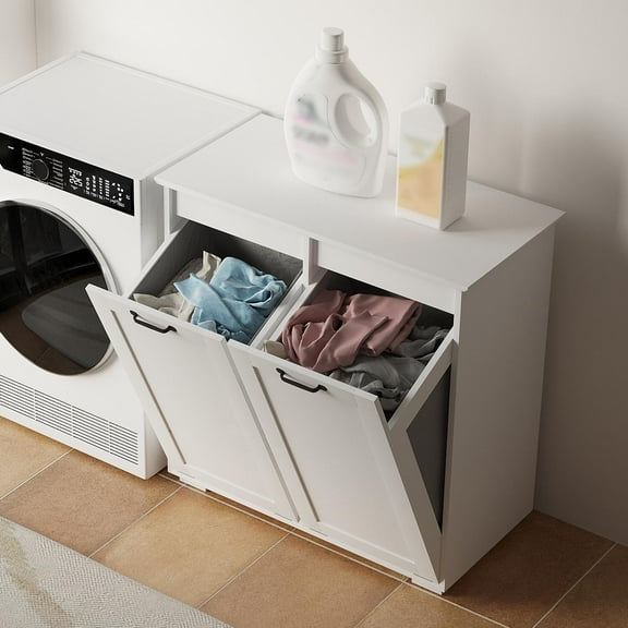 Hassch Double Tilt Out Laundry Hamper Cabinet, Modern Trash Can Cabinet with Handles, 31.5" Hidden Wood Garbage Can Bin Cabinet with Removable Storage Baskets for Bathroom, Kitchen (White)