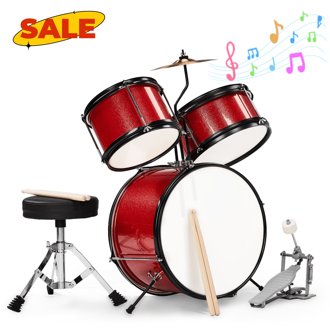 Hassch Drum Set 3-Piece for Beginners, Drum Kit with Cymbal, Pedal & Drumsticks, Junior Drum Set with Bass Tom Snare Drum, Red