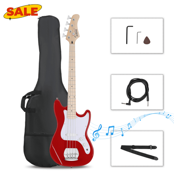 Hassch Electric Bass Guitar 4 String, Beginner Kit with Bag, Strap and Accessories, Red