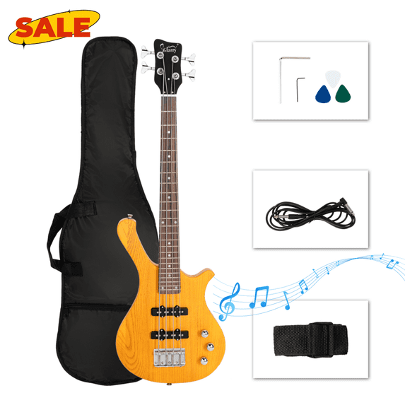 Hassch Electric Bass Guitar 4 Strings, Beginners Kit with Bag, Cable, Strap, Plectrums and Wrench Tool, Transparent Yellow