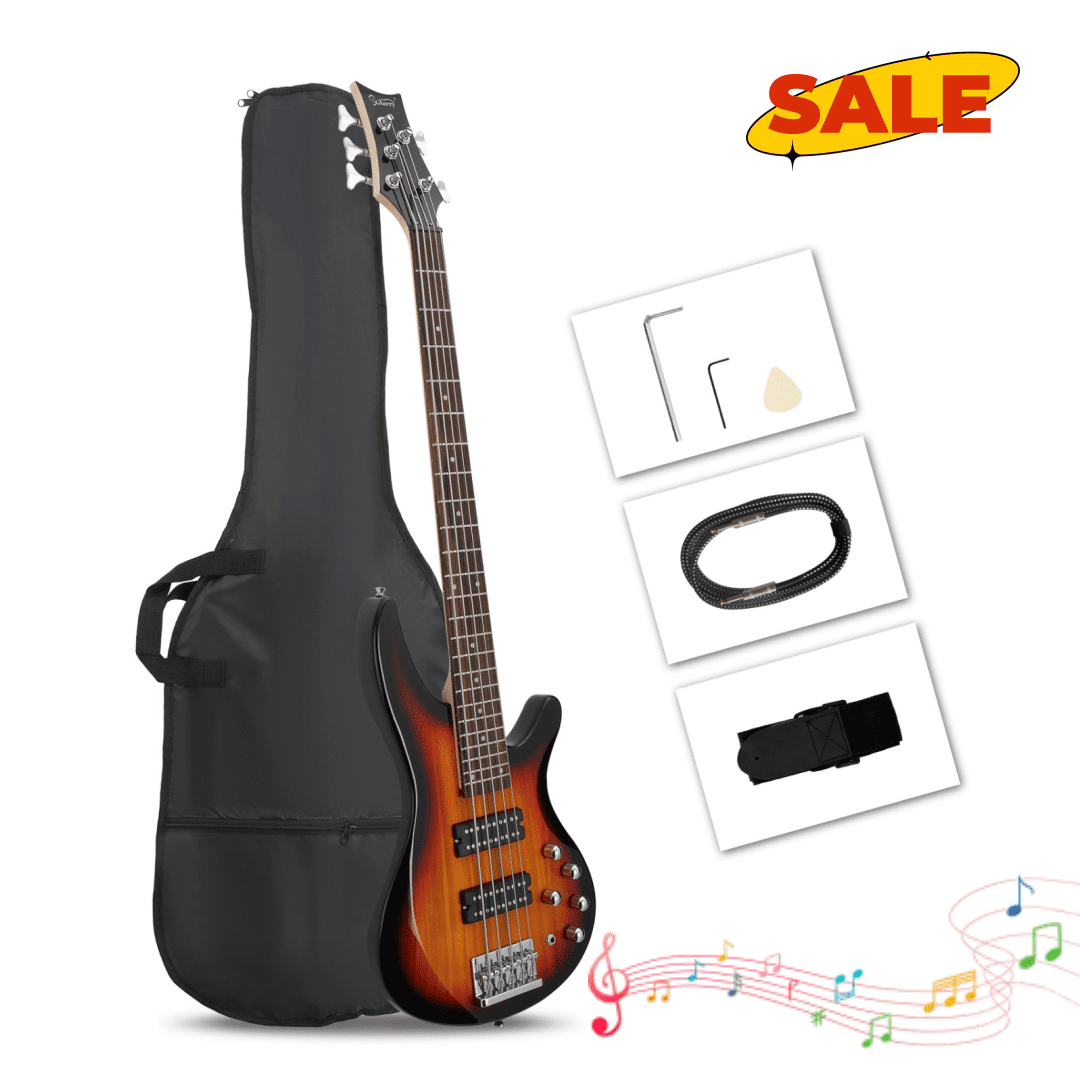 Hassch Electric Bass Guitar 5 String, Beginner Kit with Bag, Strap and Other Accessories, Sunset Color