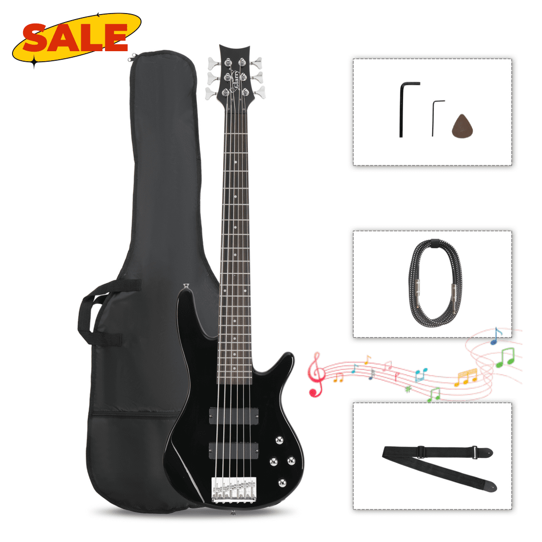 Hassch Electric Bass Guitar, 6 String Bass Guitar with Bag, Strap, Pick, Connector and Wrench Tool for Beginners, Black