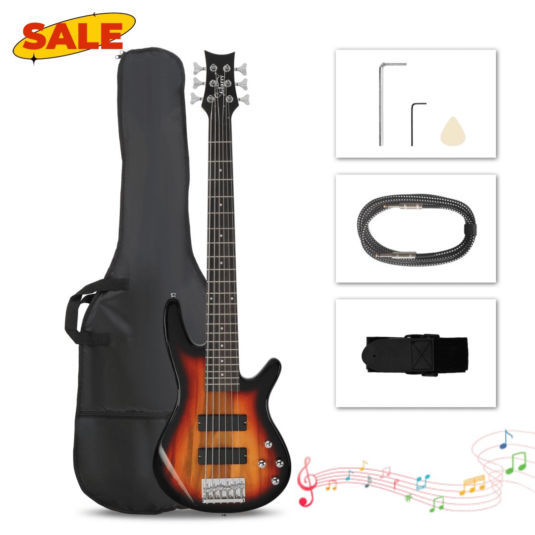 Hassch Electric Bass Guitar, 6 String Beginner Kit with Bag, Strap and Other Accessories, Sunset Color