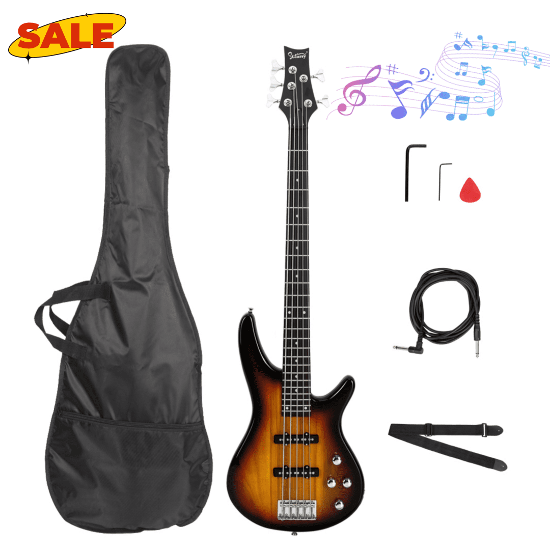 Hassch Electric Bass Guitar Full Size, 5 Strings Bass with Bag, Strap, Pick, Connector and Wrench Tool for Beginners, Sunset Color