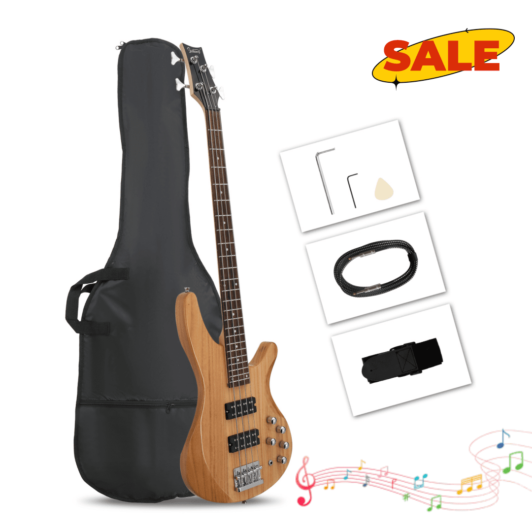 Hassch Electric Bass Guitar with Bag for Beginners, 4 String Bass with Strap and Other Accessories, Burlywood