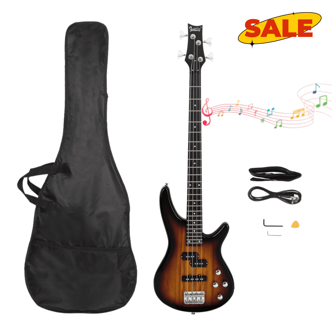 Hassch Electric Bass Guitar with Portable Bag, 4 String Bass Set with Strap, Plectrum, Amp Wire and Wrench Tool for Beginners, Sunset Color
