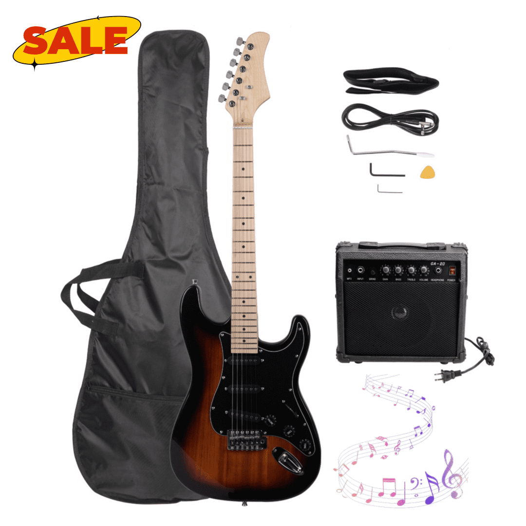 Hassch Electric Guitar with Amp and Gig Bag, Beginner Guitar Kit with Strap, Tool, Plectrum, Tremolo Bar and Power Wire, Black & Golden