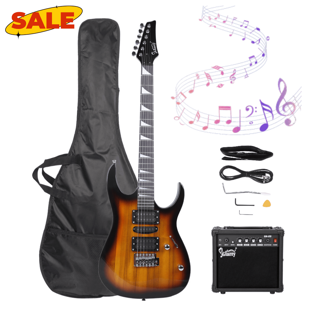 Hassch Electric Guitar with Amp and Gig Bag, Beginner Guitar with Harness, Picks, Rocker, Connector and Wrench Tool for Music Lover, Sunset Color