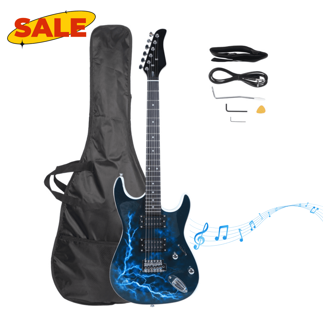 Hassch Electric Guitar with Big Bag, Beginner Kit with Strap, Plectrums and Power Cord, Blue & White