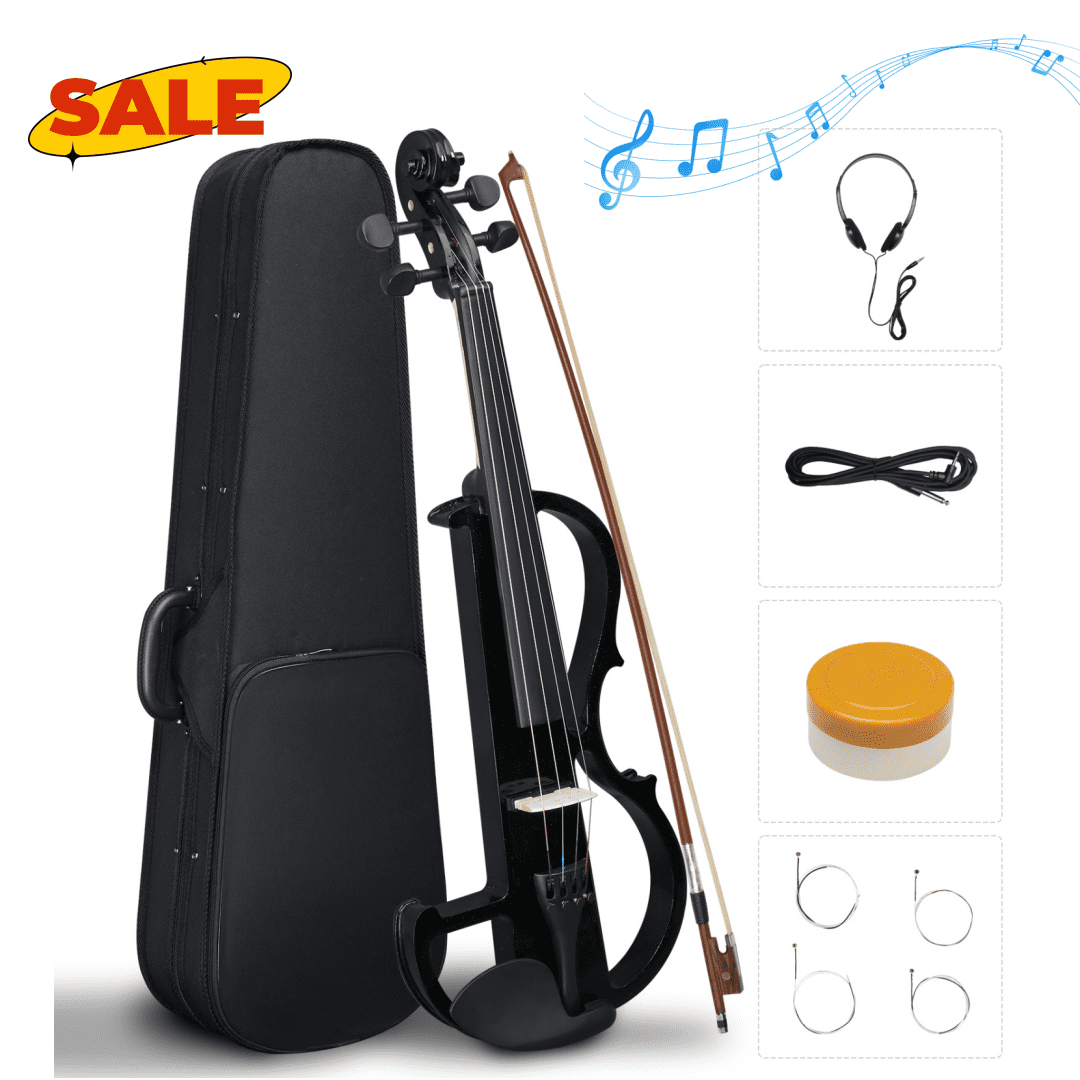 Hassch Electric Silent Violin 4/4, Beginner Kit with Case, Bow, Rosin, Headphones and Connecting Line, Black