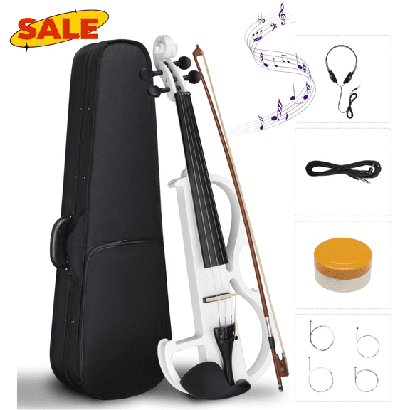 Hassch Electric Violin 4/4, Full Size Silent Violin Set for Adults Beginner, Fiddle with Case, Bow, Rosin, Headphones and Connecting Line, White