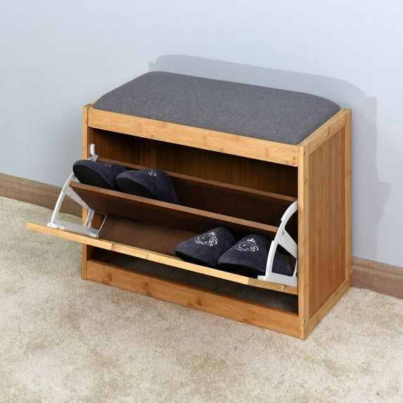Hassch End Of Bed Bench with Foldable Shelf, Entryway Bench Bamboo Shoe Rack for Living Room, Natural