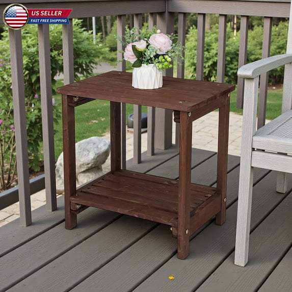Hassch End Table, 2-Tier Rectangular Accent Side Table with Slatted Top and Open Shelf, Versatile for Lawn, Poolside, Bedroom, Office (Brown)