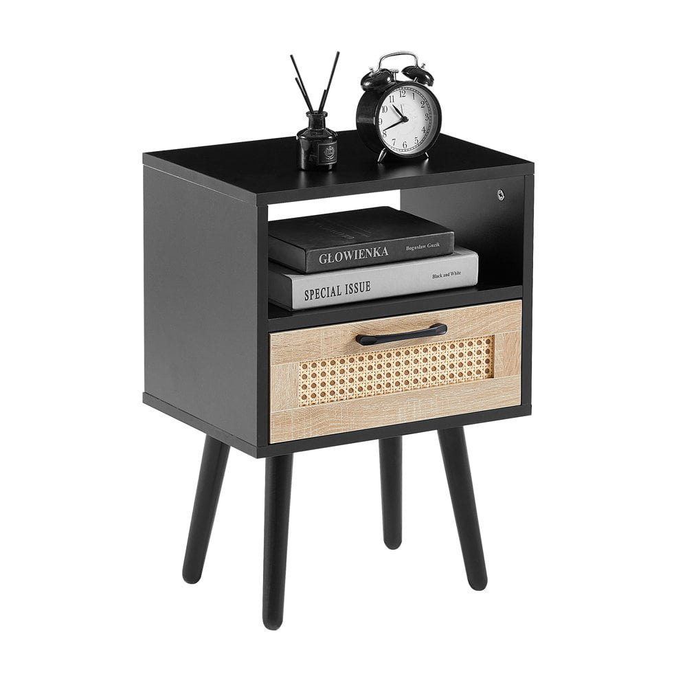 Black Wood Mid Century Nightstand with Rattan Drawer and Shelf