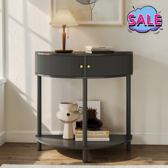 Hassch Entryway Table, Half Moon Console Table with 2 Rattan Doors, Small Foyer Table with Open Shelf for Living Room, Space Saving, Dark Gray