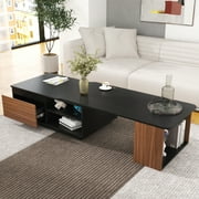 Hassch Extendable Coffee Table, 47.2"-65" Length Adjustable Wood Cocktail Table with 2 Storage Drawers and Open Shelves, Large Long Rectangular Center Table for Living Room Black & Walnut Brown