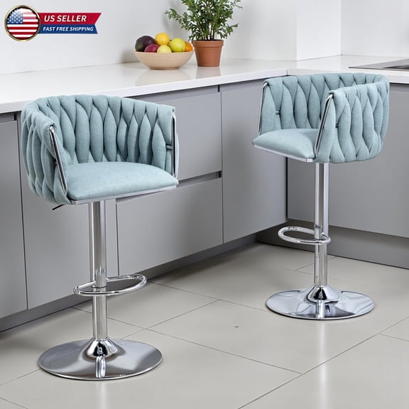 Hassch Fabric Upholstered Barstools Set of 2, Swivel Counter Stools with Curved Woven Back and Silver Metal Pedestal, Height Adjustable for Kitchen Island, Pub, Club (Blue)