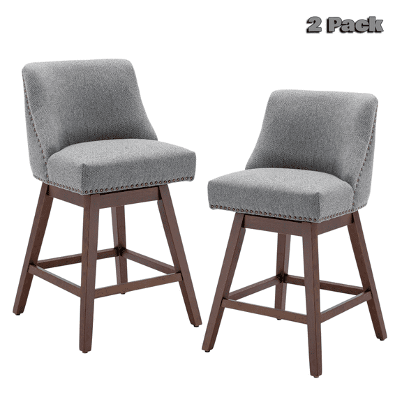 Hassch Fabric Upholstered Counter Height Swivel Barstools Set of 2, Solid Rubber Wood Frame, Foam Padded Seat with Copper Nail Accent, 300 lbs Capacity, Gray