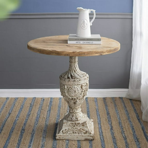 Hassch Farmhouse Accent Wood Round Table with Pedestal Base, 30"L x 30"W x 31.1"H, Antique White+Gray