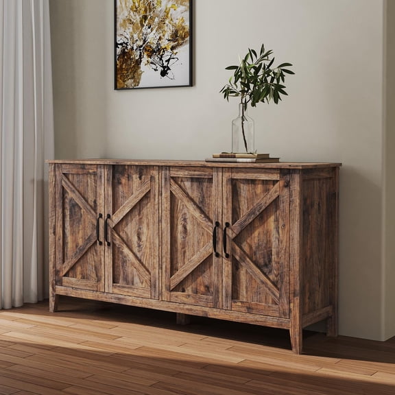 Hassch Farmhouse Buffet Sideboard, Kitchen Storage Cupboard Coffee Bar Station with 4 Doors and Adjustable Shelves, Accent Console Cabinet, 59.06"L x 15.75"W x 31.5"H, Espresso