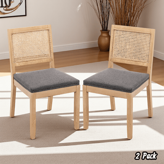 Hassch Farmhouse Dining Chairs Set of 2, Accent Kitchen Side Chairs with Hand-Woven Rattan Backrest, Gray Linen Padded Seat, Sturdy Solid Wood Legs, for Living Space & Home Office