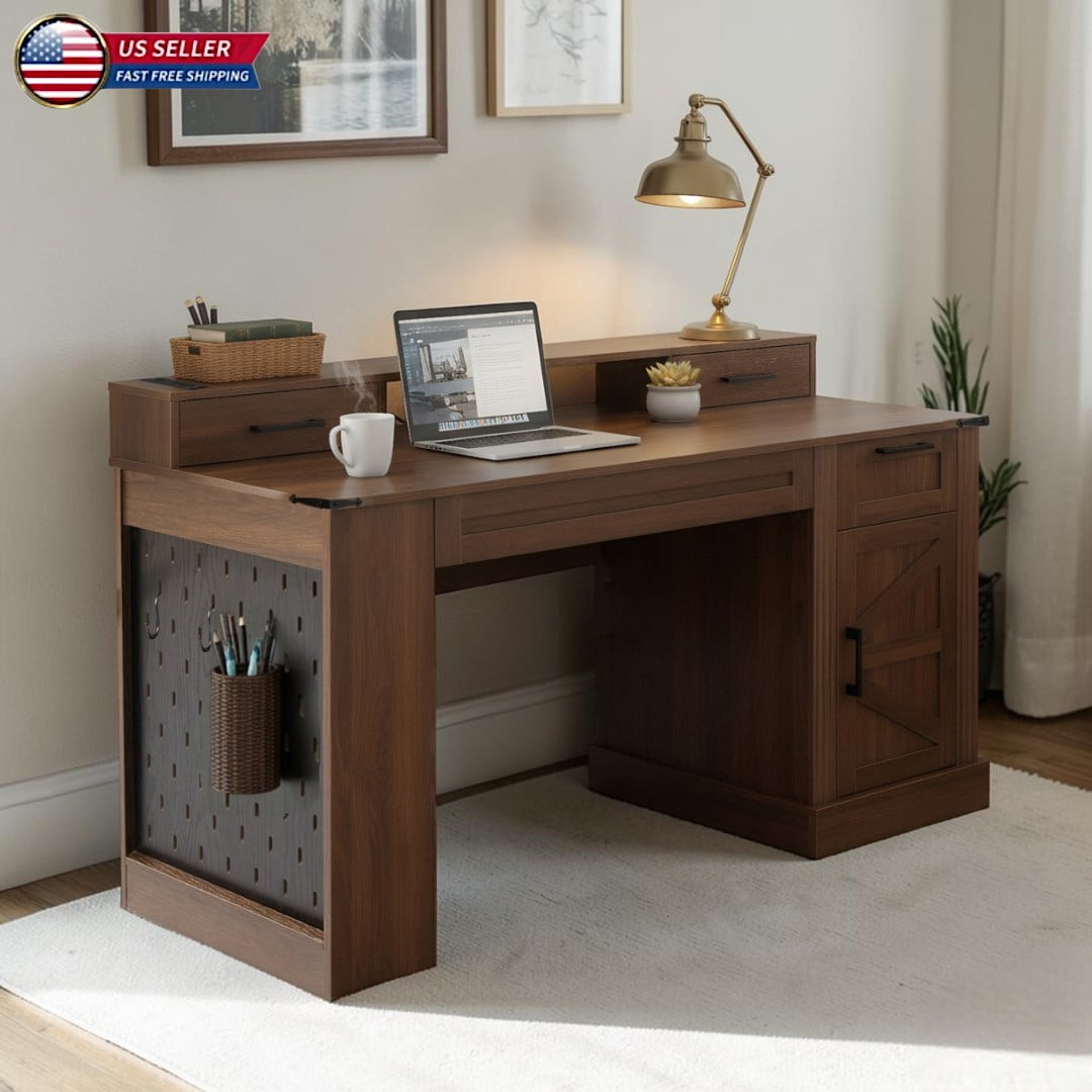 Hassch Farmhouse Office Desk with Storage Hutch and Charging Station, 55" Computer Desk with Keyboard Tray, 3 Drawers, and DIY Pegboard & Hooks, Dark Walnut