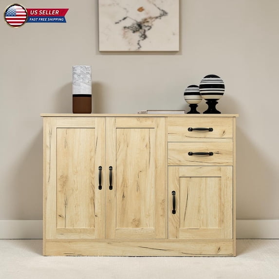 Hassch Farmhouse Sideboard Buffet with Storage with 3 Doors, 43.3" Wooden Kitchen Coffee Bar Cabinet with Adjustable Shelf and 2 Drawers for Living/Dining Room, Oak