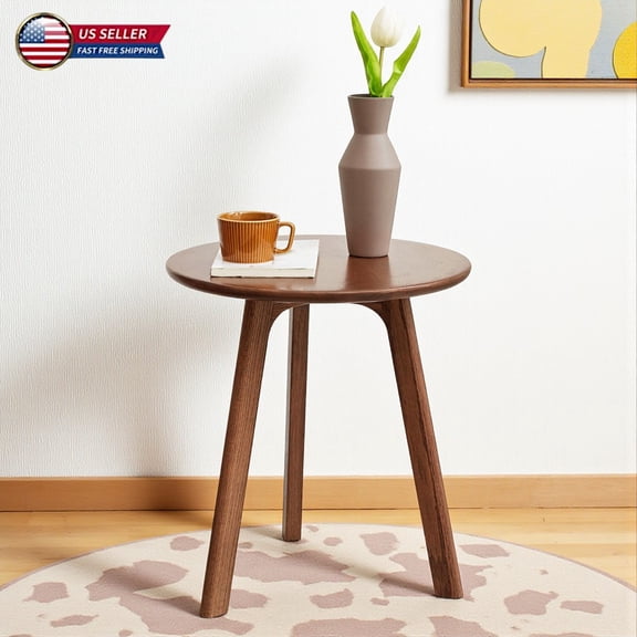 Hassch Farmhouse Solid Wood Round Side Table in Walnut Finish, 3-Leg Small End Table w/ Non-slip Feetpads, Versatile Accent Table for Living Room, Bedroom, or Office