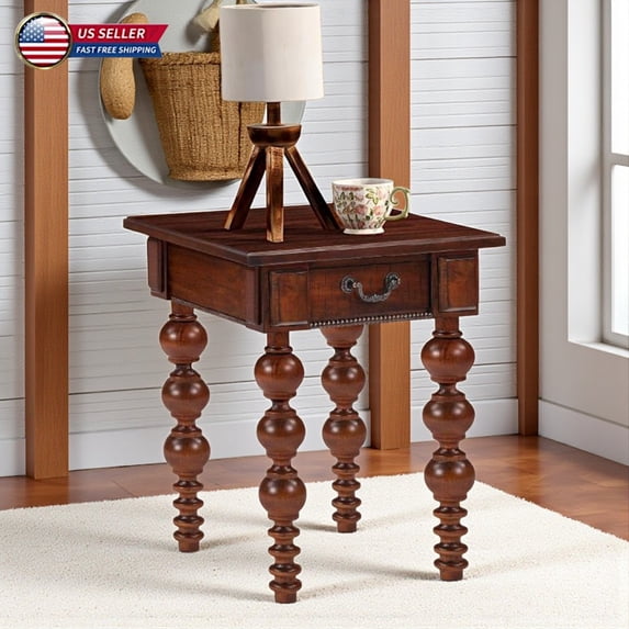 Hassch Farmhouse Wooden Side Table with Storage Drawer, Accent Table with Turned Spindle Legs, Small Nightstand for Living Room or Bedroom, Walnut Finish