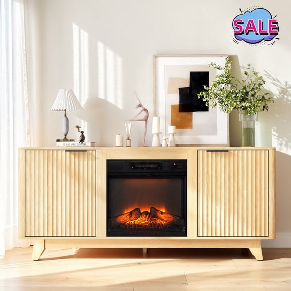 Hassch Fireplace TV Stand with 2 Doors for TVs up to 65 inch, Modern Media Console with 18 Inch Electric Fireplace Insert, Entertainment Center for Living Room, Oak