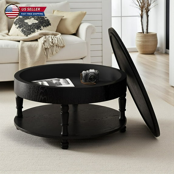 Hassch Flip-Top Coffee Table with Hidden Storage & Open Shelf, Dual-Tier Round Center Table w/ Solid Wood Legs, Modern Living Room Furniture, Black