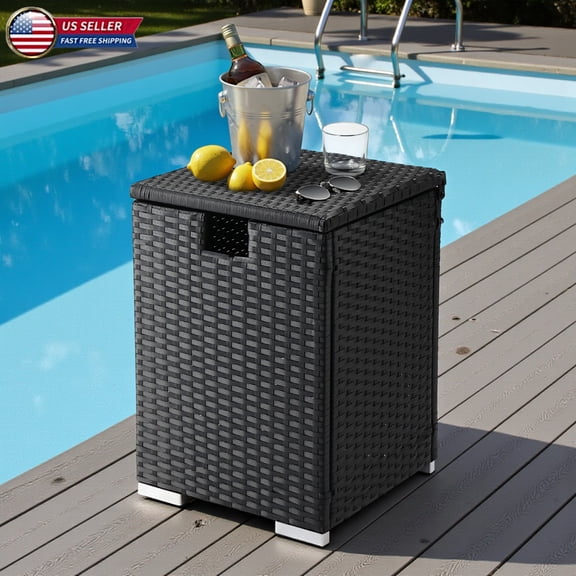 Hassch Flip-Top Rattan Gas Storage Table, Propane Cylinder Concealment Side Table, 110LBS Load Capacity, Outdoor Patio Furniture, 15.75"L x 15.75"W x 22.44"H, Brown