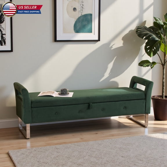 Hassch Flip-Top Storage Bench, 67.91" Upholstered Velvet Soft Bench with Armrests and Metal Legs, Multi-Functional Footrest for Living Room & Entryway (Green)