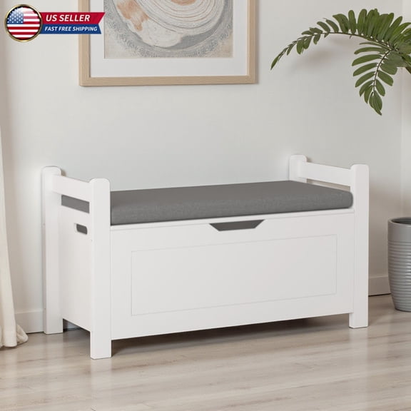 Hassch Flip-Top Storage Bench with Removable Cushion, 35" White Entryway Bench with Safety Hinge, Easy Assembly, for Hallway, Living Room, or Bedroom