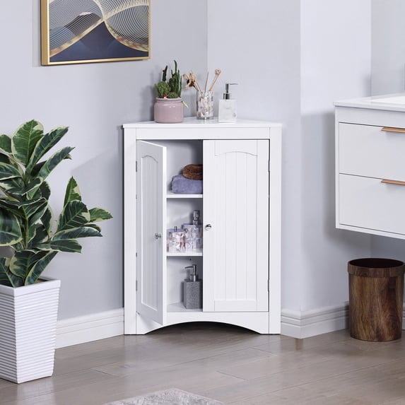 Hassch Floor Corner Cabinet with 2 Doors and Adjustable Shelves, Free-Standing Corner Storage Cabinets for Bathroom, Kitchen, Living Room or Bedroom, White