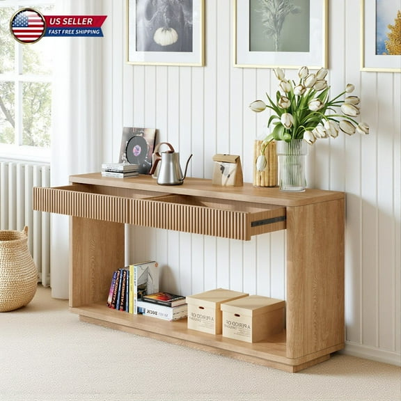 Hassch Fluted Console Table, 59.8” Modern Wood Sofa Table with 2 Drawers and Bottom Shelf, Entryway Table for Hallway, Foyer, Living Room, Natural