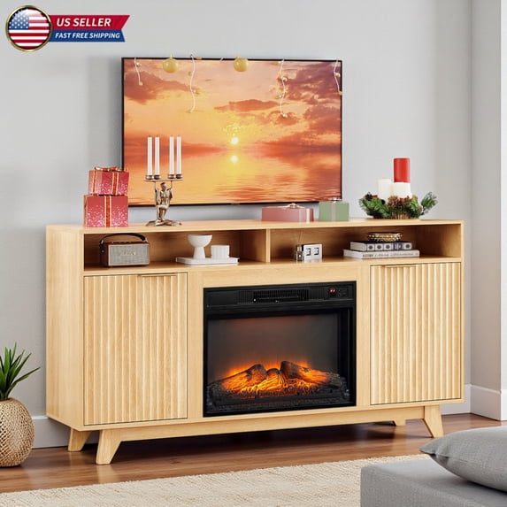 Hassch Fluted TV Cabinet with Electric Fireplace & Remote, 58" Media Console with 23" Heater & Open Compartments, Farmhouse Entertainment Center for TVs up to 70 inches (Oak+Gold)