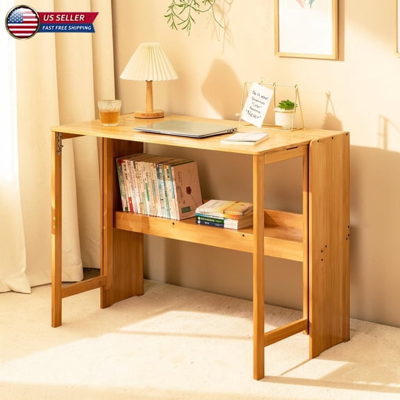 Hassch Foldable Bamboo Computer Desk with Open Storage Shelf, 32.68" Compact Writing Table for Bedroom, Apartment and Home Office, Space Saving Study Desk, Natural