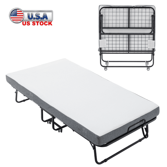 Hassch Folding Bed with Mattress - 75 x 37 inch Cot Size Metal Bed Frame with Wheels - Portable Guest Bed - Space Saving - Gray