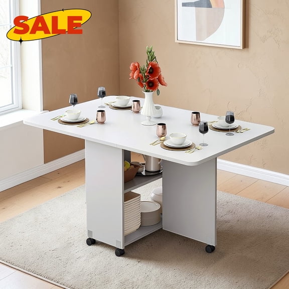 Hassch Folding Dining Table with Wheels, Collapsible Drop Leaf Extension Desk with Storage Shelf, Multipurpose Space Saving Table for 4-6 Person, White