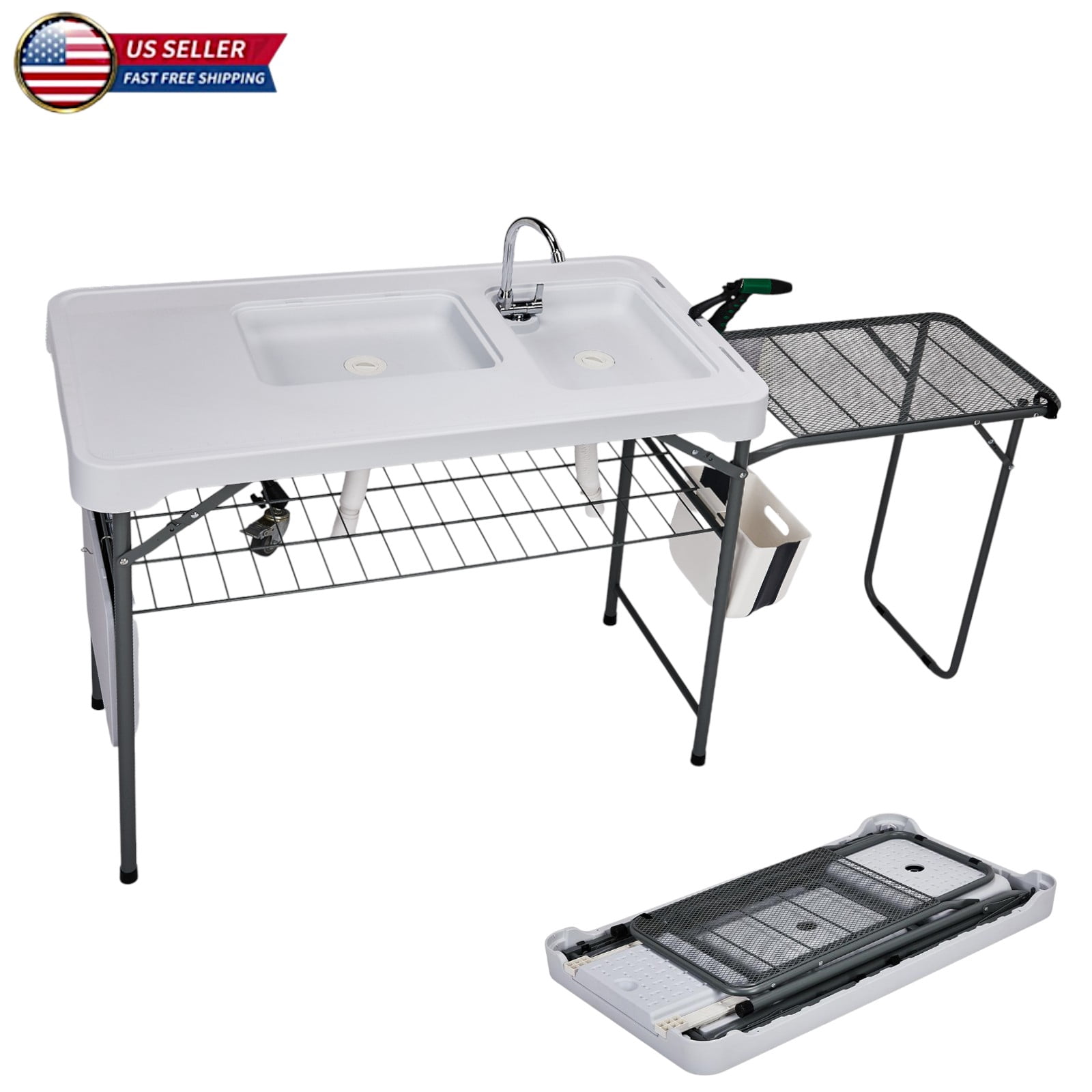 Fish Fillet Racks Hassch Folding Fish Cleaning Table with Dual Sinks & Faucet, Portable ...