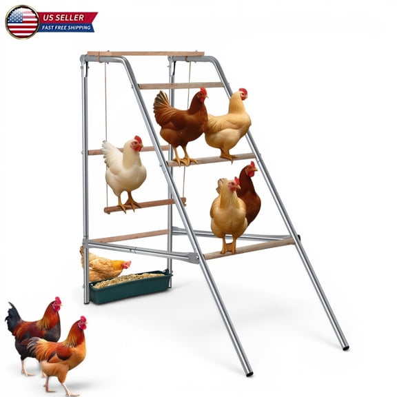 Hassch Free-Standing Chicken Perch, Multi-Level Poultry Activity Stand with Wooden Bars & Metal Base, Removable Food Box & Swing, for Backyard Chicken Coops and Farms, 42"D x 19.3"W x 39.4"H, Silver