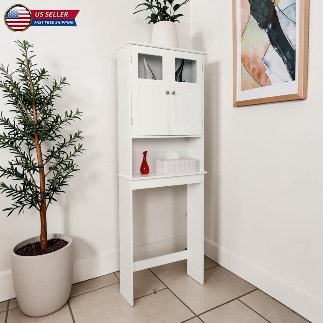 Hassch Freestanding 2-Door Cabinet over Toilet/Washer, 67" Tall Bathroom Space Saver with Adjustable Shelf & Open Storage, for Small Space, White