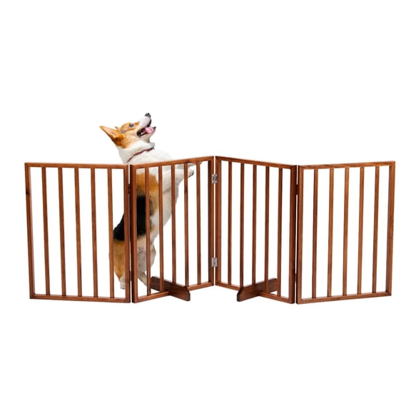 Hassch Freestanding Pet Gate, 4-Panel Wooden Dog Fence, 24 inch Folding Dog Gate for Stairs, Doorways, Indoor Pet Barrier, Brown