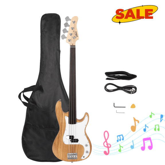 Hassch Fretless 4 String Electric Bass Guitar with Bag, Full Size Bass with Strap, Plectrum, Amp Wire and Spanner Tool, Burlywood